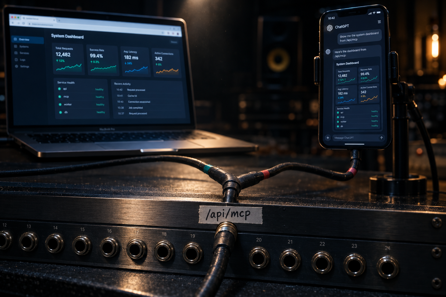 mcp-studio: A single amber patch cable runs from one jack into two studio monitors — a browser window and a ChatGPT panel — both lit with the exact same live signal.